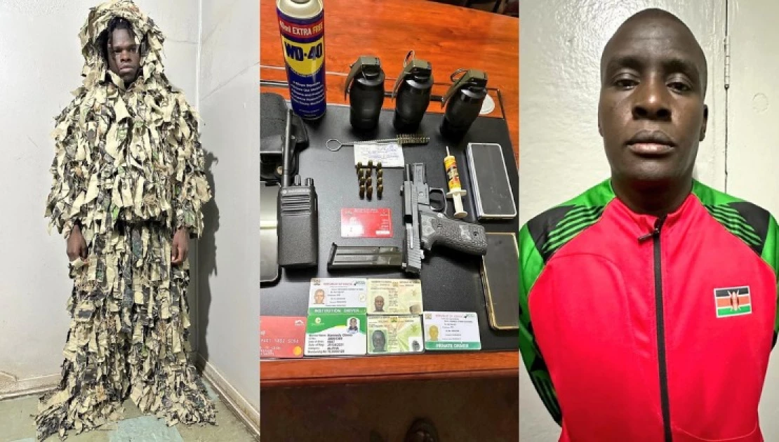 Gun, grenades, sniper ghillie suit seized as fake 'KDF commando' evading alcoblow arrested in Nairobi Gun, grenades, sniper ghillie suit seized as fake 'KDF commando' evading alcoblow arrested in Nairobi