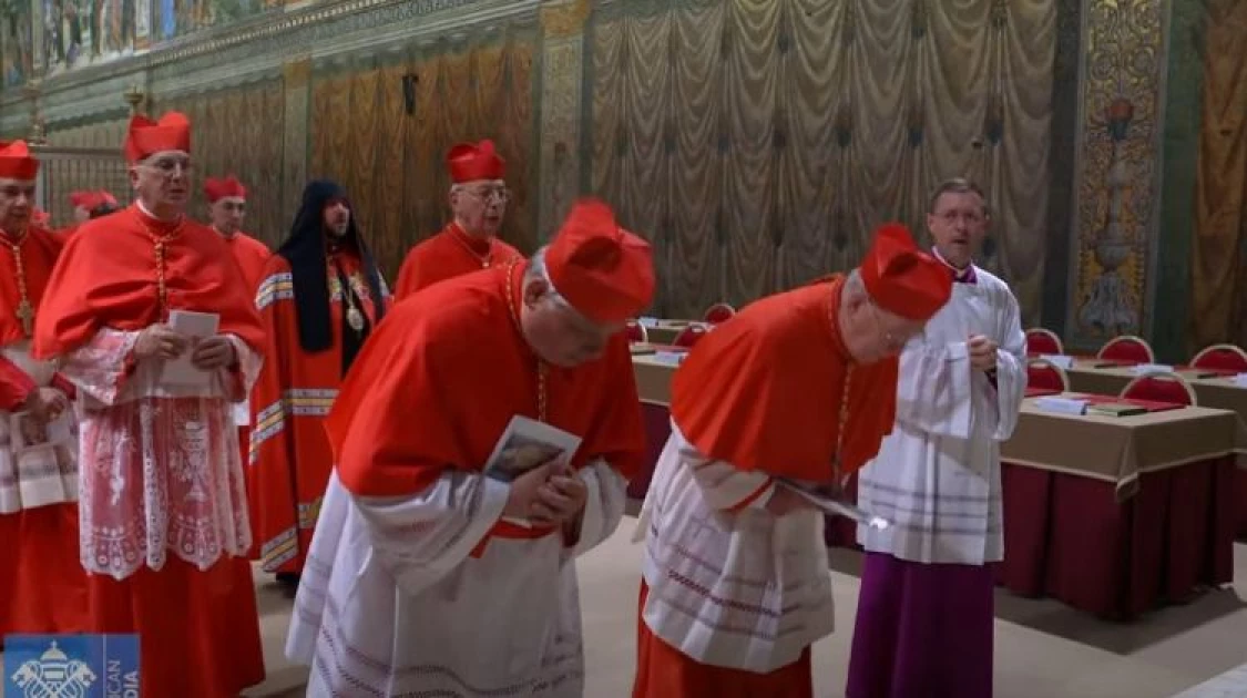 The cardinals walk up to the altar at the eastern end and bow before heading to their assigned seats. Photo/Vatican News