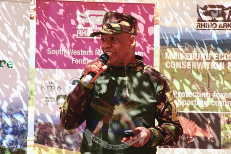 Brigadier Joel Arimi, Commander of OMU, addresses the competitors, organisers and spectators at the Rhino Charge, 2025 prize-giving ceremony. 